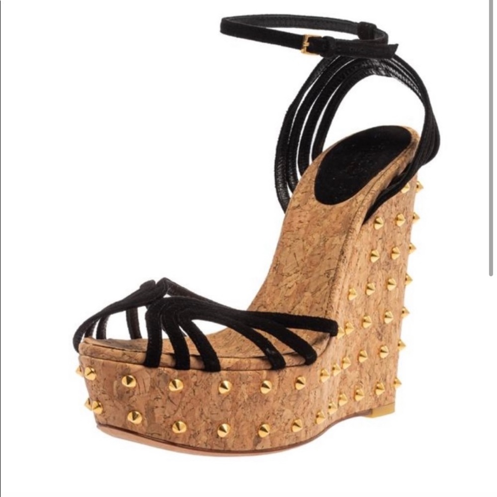 Gucci spiked cork wedge sandals with suede straps